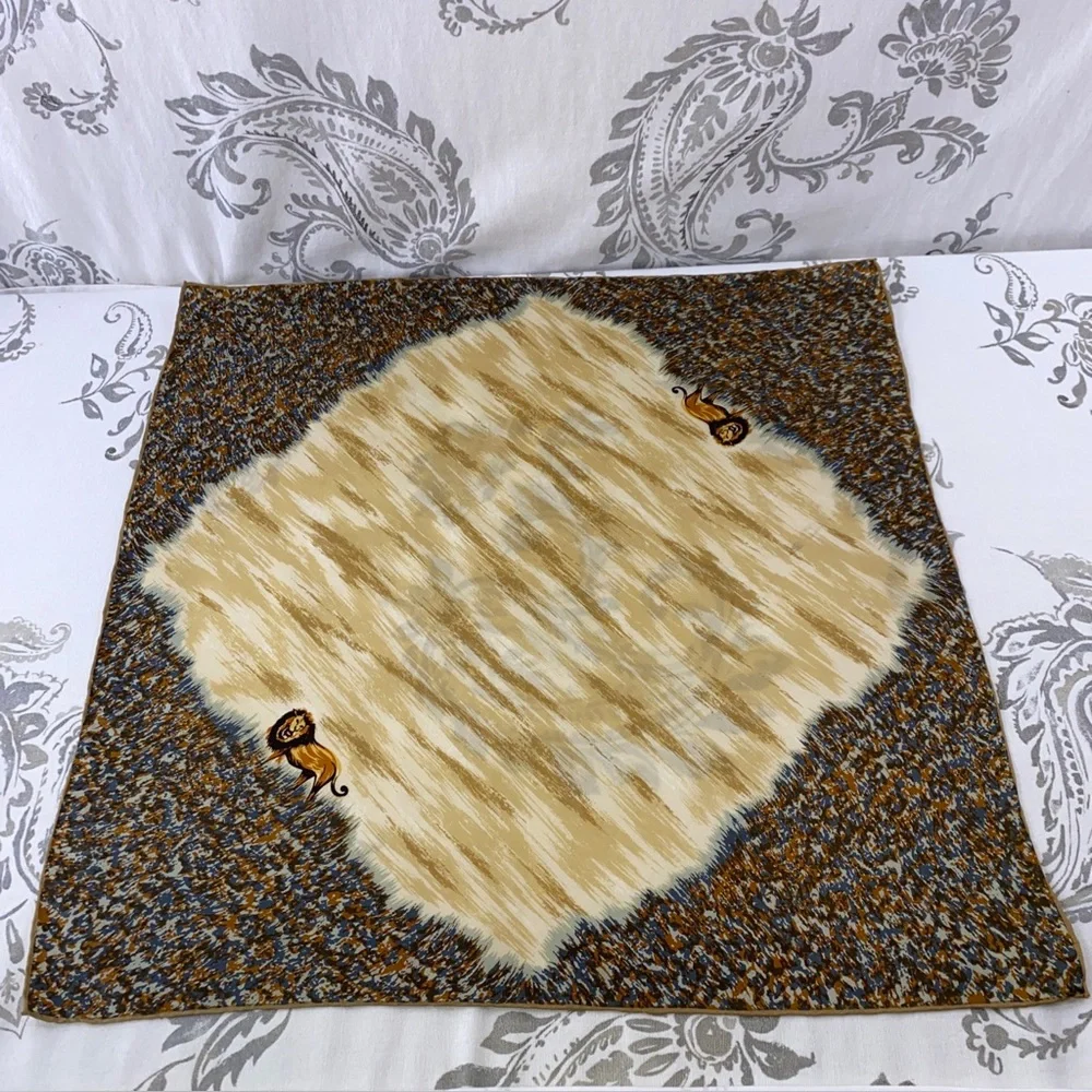 Vntg Lion‎ Silk Scarf 1960s Made In Japan BAAR & BEARDS